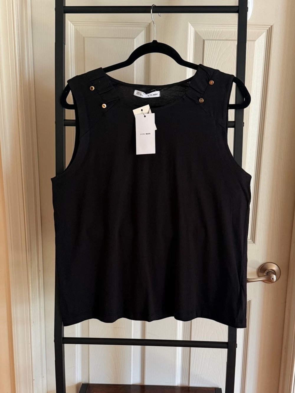 Sfera Basic Black Sleeveless Cotton Blouse Top with Gold Button Shoulder Detail